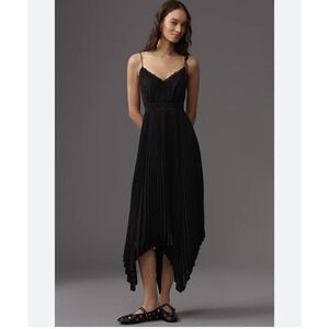 Anthropologie Exquise Axelle Dress Black Pleated Handkerchief Hem Midi Womens 6